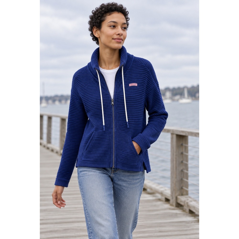 Vineyard Vines Blue Striped Full Zip Cotton Mock Neck Sweatshirt Womens Small